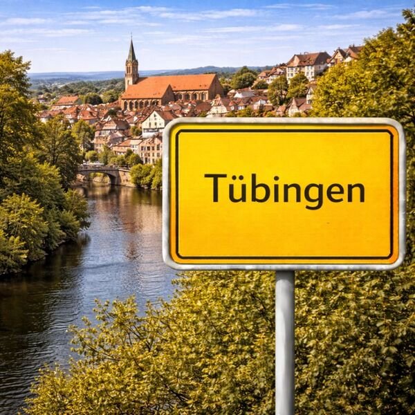 Gelbes Ortsschild Tübingen mit Stadt im Hintergrund