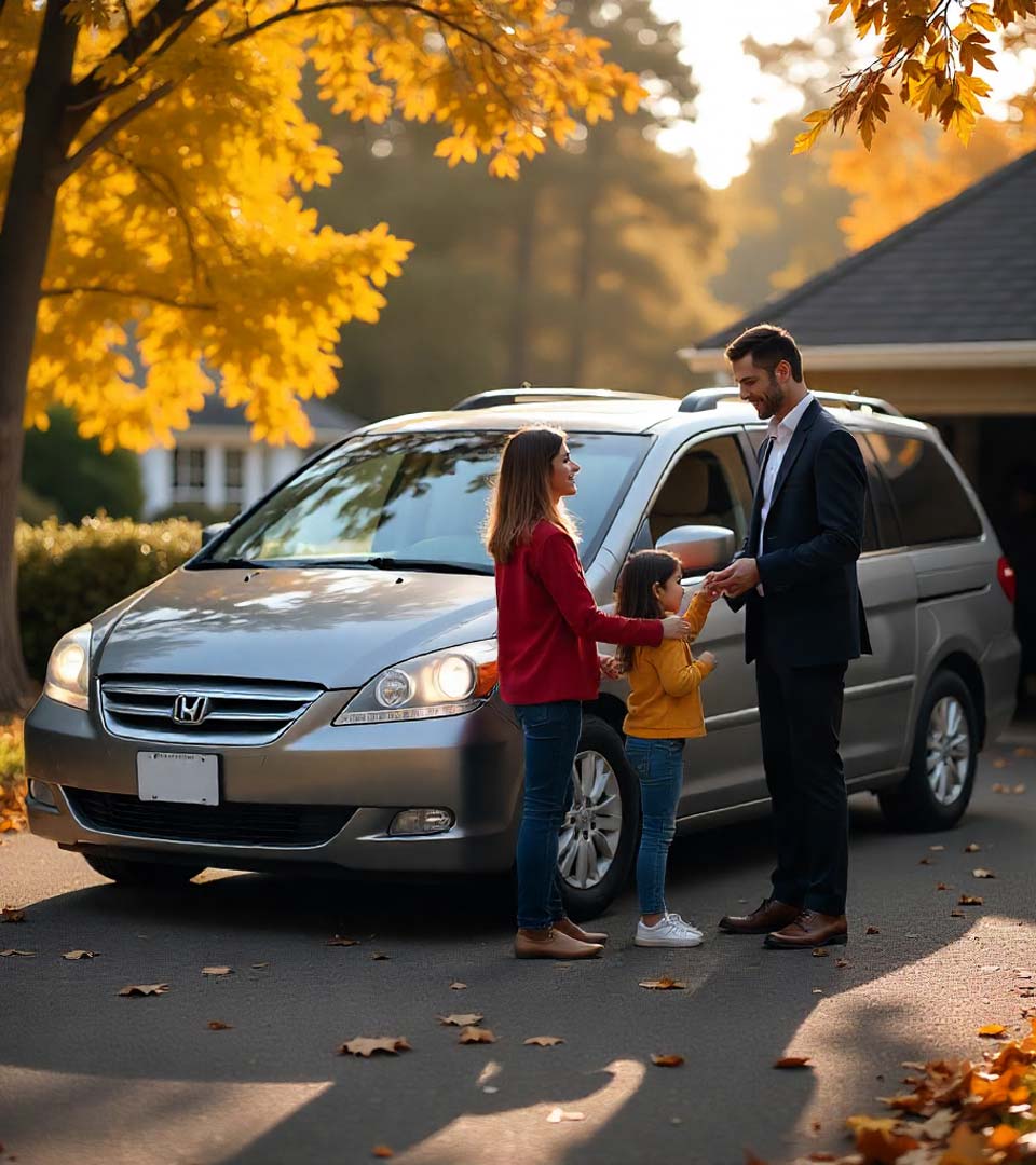 Eine Familie übergibt ein Auto an einen Händler beim Autoankauf Tübingen vor dem Haus